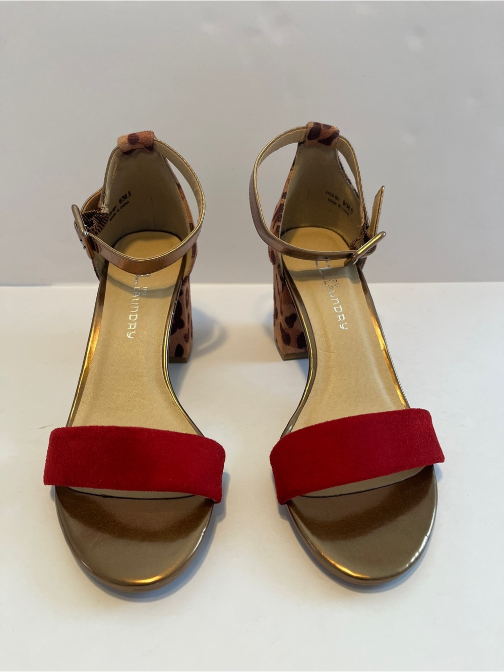 CL by Laundry Red Suede Front-Strap Block Heel Sandals with Leopard size 6(6.5)